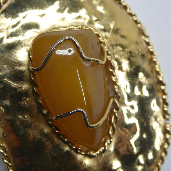 Gold Statement Brooch Pendant Agate Amber Stone Center Signed Barmell Large Pin - Picture 7 of 14